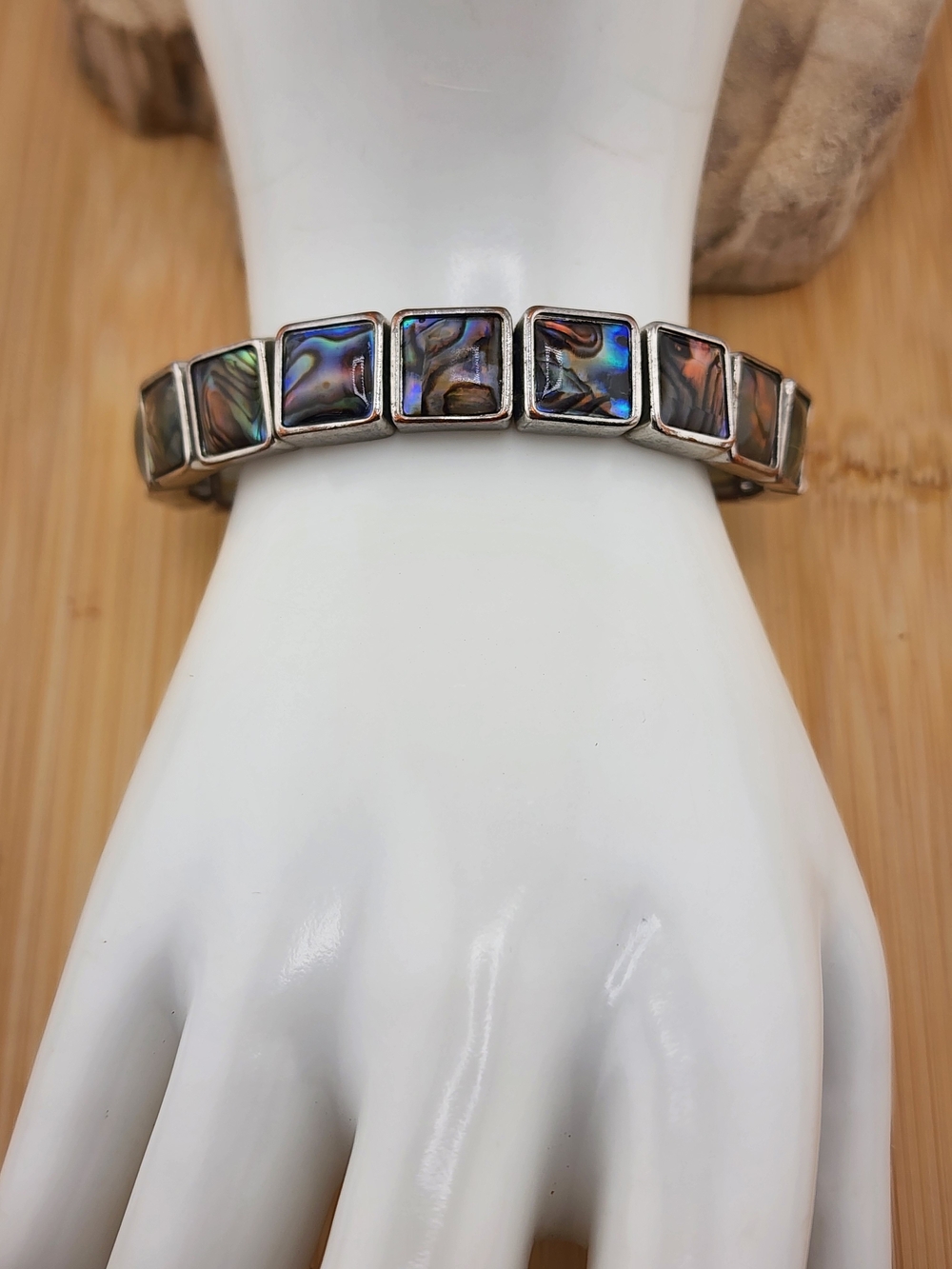 Vintage Abalone Inlay Silver-Tone Square Stretch Bracelet - 0541